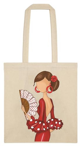 IllustrArte Baumwolltasche 38 x 42 cm – Flamenca Pepa – einseitiger Druck – 135 g/m² – 60 cm lange Griffe – beige – belastbar bis 5 kg
