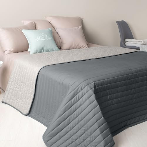 Luxus Tagesdecke 220x240 – Kuscheldecke & Überwurfdecke Beige - Grau – Sofadecke, Bettüberwurf & Deko für Schlafzimmer – Steppdecke flauschig, Wendedecke modern