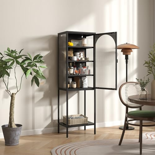 BIZOEIRON Metallschrank mit Glastür, Glasvitrine Stehend, Vitrinenschrank mit 3 verstellbare Regal, Schmaler Glasschrank, Glass Display Cabinet, 35T x 50B x 160H cm, Schwarz