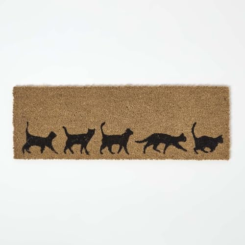 Homescapes rutschfeste Fußmatte Katzen, Kokosmatte 25x75 cm, schmale Fussmatte Kokosfaser mit Anti-Rutsch-Beschichtung, Katzenmotiv Eingangsmatte