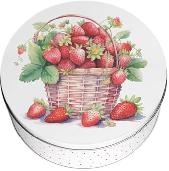 Purely Home Strawberries Small Cake Tin - Wicker Basket & Fruits Kitchen Gifts - Round Metal Storage Container for Baking 18 x 7cm