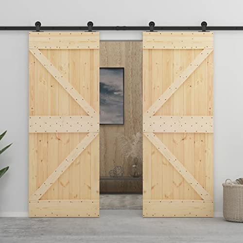 Porte Coulissante en Pin avec Kit de Rail, Porte à Décoré de Grange Intérieur Suspendue pour Cuisine Salle de Bain avec kit de quincaillerie 90x210cm Pin massif
