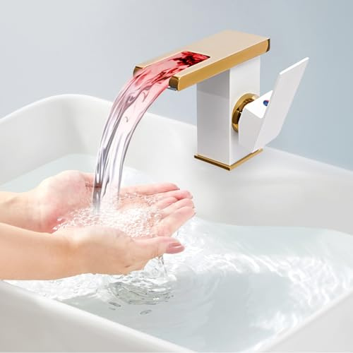 LED Wasserfall Badezimmer Wasserhahn mit Temperatursensor 3 Farbewechsel Waschtischarmatur Edelstahl Einhebelmischer Wasserhahn mit Licht Bad Waschbeckenarmatur für Badezimmer