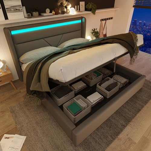 RIAZOS Polsterbett 160x200 cm, Hydraulisch Stauraumbett mit LED, Doppelbett für Jugendliche und Erwachsene, Funktionsbett, PU, ohne Matratze, Grau
