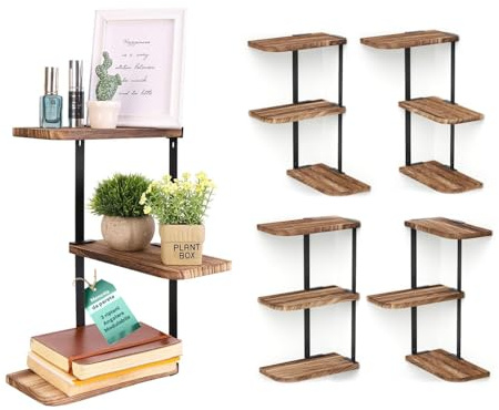 Avilia - Eckwandregal aus antikem Holz mit Metallhalterungen für Vintage-Möbel, ideal für kleine Gegenstände, einfach zu montieren, stabil und vielseitig für Jede Ecke