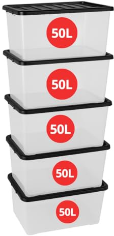 Marco Paul 5 X 50L Large Plastic Storage Box with Black Lid - Strong Stackable Storage Boxes 50 Litres - Home, Office, Kitchen, Nestable Storage Containers