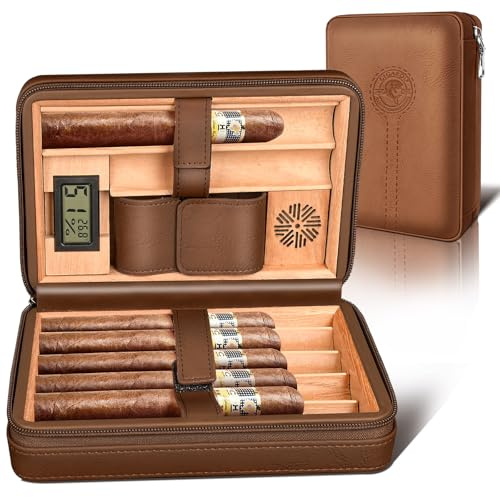 Cigarol Travel Cigar Humidor, Leather Cedar Wood Lined Cigar Case with Hygrometer & Humidifier, Portable Humidor Cigar Box for 6 Cigars, Gift Box - Ideal for Cigar Lovers, Husband, Father (Brown)