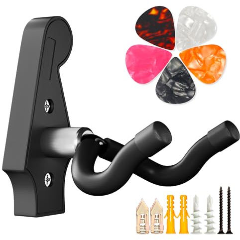 DIDA Support mural pour guitare – Support mural en forme de U pour guitare avec 5 médiators, support mural pour guitare acoustique, guitare électrique, banjo, basse, mandoline (style A-noir)