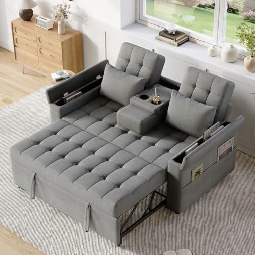 I0I&I0I Multifunktions Schlafsofa klappbar mit dreistufiger Rückenlehne Kissen Getränkehalter und Stauraum ideal für Wohnzimmer Schlafzimmer Heimkino Wohnung (Gray + Cotton Linen + 2 Seat-1)