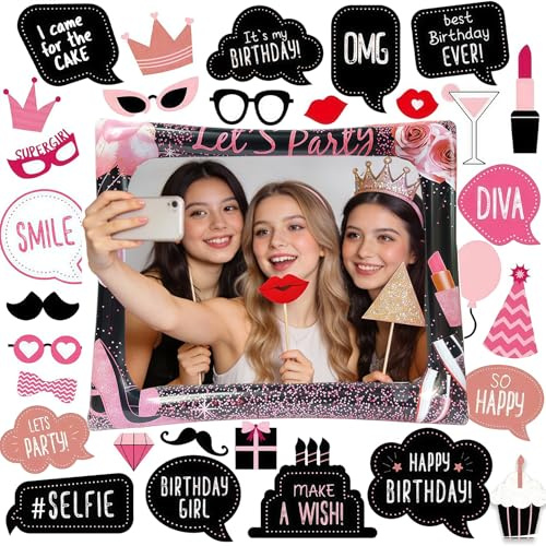 Birthday Inflatable Photo Booth Frame with 30 Props, Rose Gold Selfie Frame Kit, Photo Booth Props Birthday for Girls Women, Black Rose Gold Birthday Party Decorations