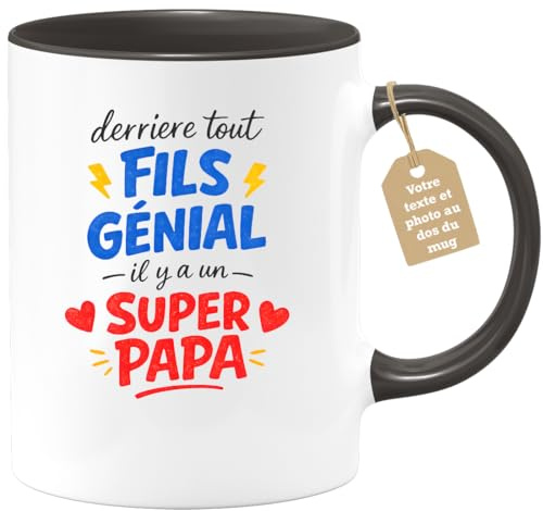 quotedazur Café-Croissant - Mug Personnalisé Papa Texte Photo - Tasse Fête Des Pères Derrière Tout Fils Génial - Cadeau Drôle Papounet - Noir/céramique