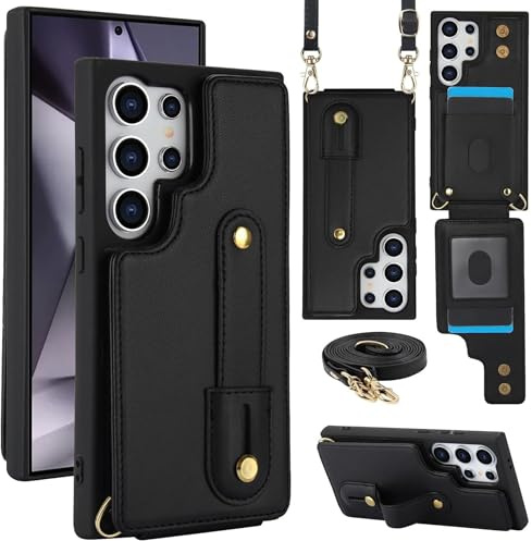 Handy Hülle Flip für Samsung Galaxy S26 Ultra Kunstleder mit Kartenfach & Umhängeband Schwarz