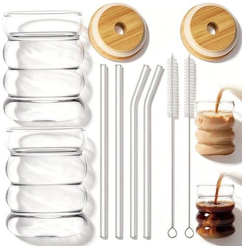 Suupii 10 PCS Glass Cups with Lids and Straws Set, Iced Coffee Cup with Straw and Lid Matcha Cups, Iced Coffee Glassses Matcha Glasses with Glass Straws for Milk Ice Cream and Juice