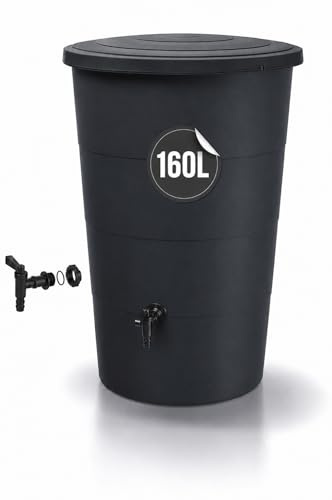 Tymar Regentonne Anthrazit, Regenfass 160L, Wassertonne mit Wasserhahn, Regenwassertank für Garten & Balkon, Regenwassertonne Ø60x88cm_IDSM