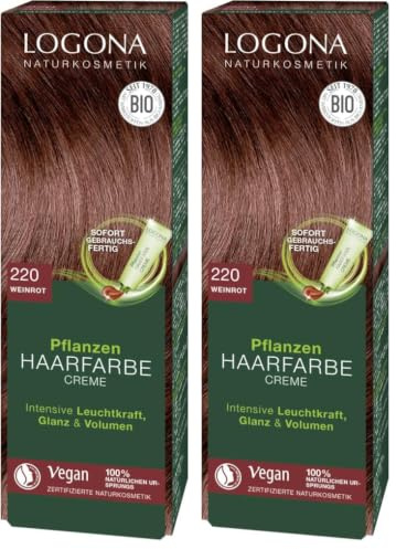 LOGONA Naturkosmetik Pflanzen-Haarfarbe Creme 220 Weinrot, Rote Natur Haarfarbe mit Henna, vegane Farbcreme für eine dauerhafte Coloration, schonende Färbung für glänzendes Haar, 150ml (Packung mit 2)