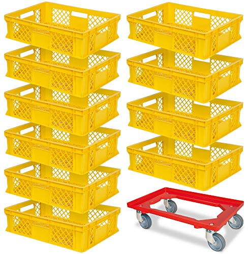 BRB 10 Eurobehälter, LxBxH 600x400x150 mm, Industriequalität, lebensmittelecht, gelb + 1 Transportroller, rot