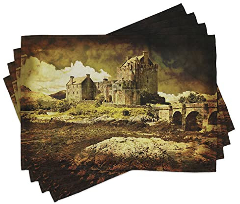 ABAKUHAUS Mittelalterlich Platzmatten, Old Scottish Castle, Waschbare Stoff Esszimmer Küche Tischdekorations Digitaldruck, Grün Grau