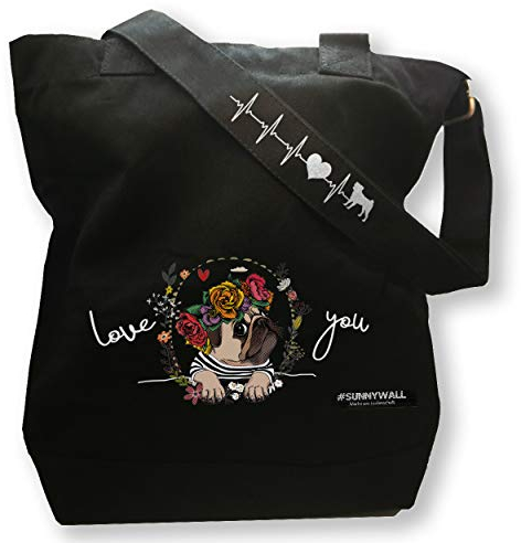 Mops Pug Love You - stabile Freizeittasche Strandtasche Handtasche Canvas mit Innentasche Black