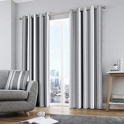 Fusion - Grey Stripe Curtains W90 x L90 (229 x 229cm) - 2x Panels - 100% Cotton - Grey Eyelet Curtains & Drapes for Bedroom & Living Room - Stripes Curtains in Grey - Matching Cushion Available
