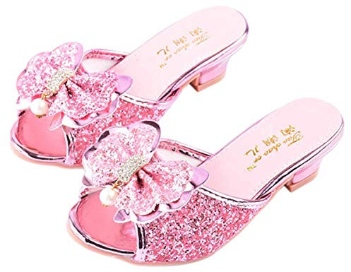 Monissy Sandale à Talon Haut Mules Bouche de Poisson Argenté Paillette Noeuds Métal Crystal Incrusté Perle Fille Princesse Déguisement Chaussures de Danse Noël Halloween, Rose, 27 EU