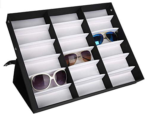 Dioche Brillen Aufbewahrung,18 Gitter Gläser Vitrine Sonnenbrillen Präsentation Brillendisplay Faltbarer mit Staubschutz 47,5 x 37,5 x 6 cm