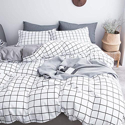 Michorinee King Size Duvet Cover Sets White Grid Checked Pattern Gingham Bedding Set with 2 Pillow Cases Microfiber Soft Quilt Cover with Zipper Closure