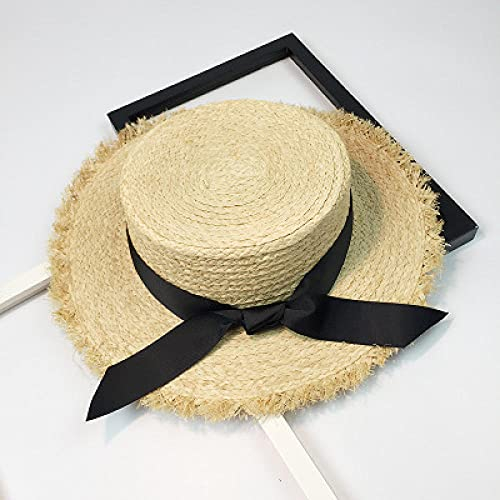 Sonnenhut Strohhut Hut Damen Frauen Strand Schwarz Weiß Band Hut Temperament Flache Strohhüte Frauen Strand Hut-1Black_56-58Cm