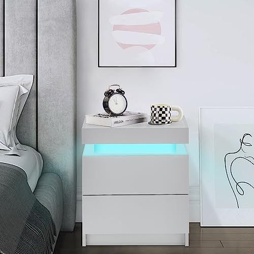 CLIPOP Table de Chevet LED pour Adulte avec 2 Tiroirs Table de Nuit Blanche Moderne pour Salon, Bureau, Chambre, Table d'Appoint Haute Brillance 45 x 35 x 52 cm,Blanc