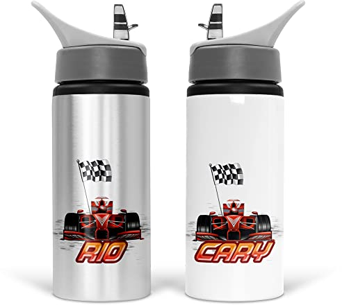 Personalised Water Bottle School Sport Drink 600ml Leakproof Spill Proof Aluminium Hot Cold Flip up Kids Boys Girls Biking Gift Racing (Add Name)