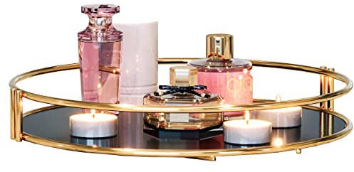 Vassoio Decorativo in Metallo Oro Rotondo-Vassoio Elegante per la Centrotavola-Porta Profumi da Camera -Organizzatore Vassoio Gioielli Cosmetici-Porta Candele-Acrilico Nero-Diametro 28 cm