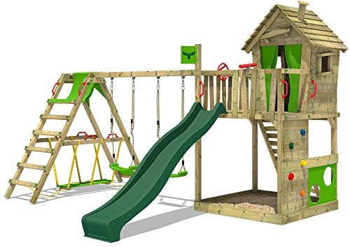 FATMOOSE Spielturm Klettergerüst HappyHome Hot mit SurfSwing, Schaukel & grüner Rutsche, Outdoor Kinder Kletterturm mit Sandkasten Leiter & Spiel-Zubehör für den Garten