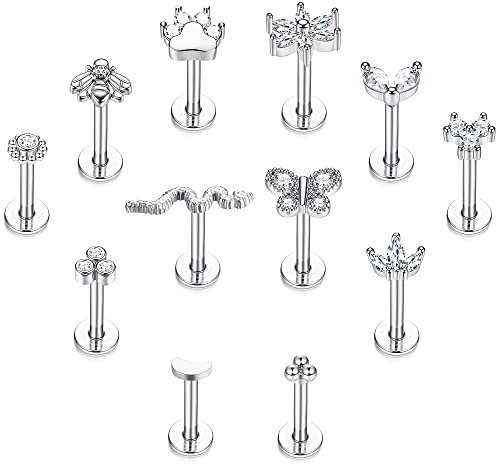 YADOCA 12 Stück Edelstahl Lippenpiercing Stud Labret Piercing für Damen Herren 16G Blume Biene Schmetterling Schlange Labret Ohrstecker Knorpel Helix Tragus Ohrringe Lippe Piercing