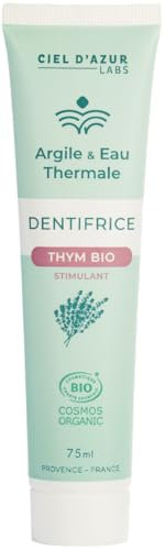 CIEL D'AZUR LABS - Denticlay Argile - Dentifrice Bio à l'Argile Blanche et à l'Eau Thermale de Digne les Bains - Certifié Bio Cosmos Organic - Tube 75ml - Thym