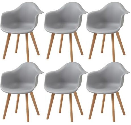 GrandCA HOME Lot de 6 Chaises de Salle à Manger Fauteuils avec Pieds en Bois, Siège en Polypropylène Premuim, Chaises de Cuisine avec Accoudoir pour Salon, Salon Bureau(6, Gris)