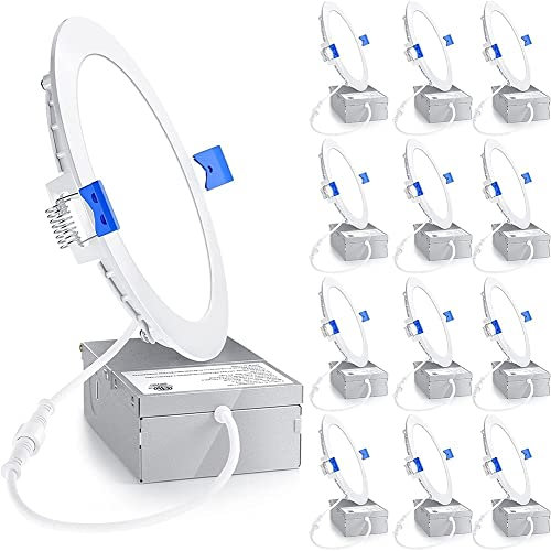 Business Downlight 12 Pack 6 Inch Ultra-Thin LED Recessed Ceiling Light With Junction Box, 5000K Daylight, 12W 110W Eqv, Dimmable Can-Killer Downlight, 1050LM High Brightness - ETL And Energy Star Cer