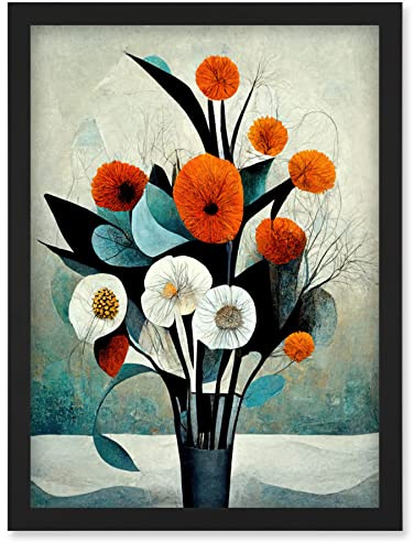 Doppelganger33 LTD Flowers Floral Display Bouquet Modern Abstract Teal Orange Artwork Framed Wall Art Print A4