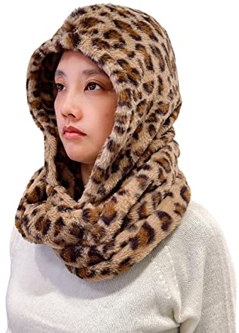 Lina & Lily Kapuzenschal Damen Winter Loop Schal aus Kunstfell (Leopard Braun)