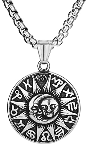 OIDEA Herren Halskette Medaille Silber: Vintage Sonne Mond 12 Konstellationen Anhänger mit Weizenkette aus Edelstahl Retro Kette Geschenk für Männer Junge