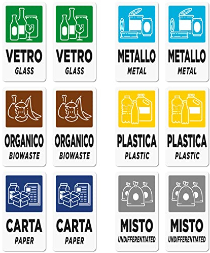 12 Aufkleber für Mülltrennung | Etiketten in Italienisch und Englisch für Abfallbehälter | Format 5 x 7 cm