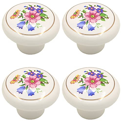 Tverghvad Handbemalte Schubladenknöpfe aus Keramik, 4 Stück, Vintage-Blume, bemalt, Schrankknöpfe und Ziehen, Küchenmöbelknöpfe für Kommode, Schrank, Kleiderschrank, Schrank (Blumenweiß, 4 Stück)