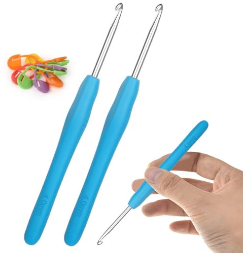 Aeeque 4,0 mm, Häkelnadel, 2 Stücke Häkelnadel Set mit Zubehör, Aluminium Häkelnadeln mit Gummigriff, Weich TPR Häkelnadeln für Arthritis, Bunt Häkelnadel Metal zum Häkeln Schal, Pullover, Mützen