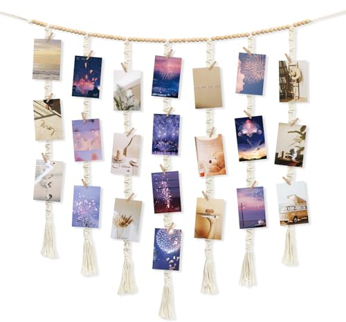 Dremisland Bilderrahmen Makramee Wandbehang Fotowand Fotorahmen Wandrahmen mit 45 Clips DIY Holzperlen Girlande Collage Fotocollage Wanddeko für Geburtstag Hochzeit Wohnzimmer