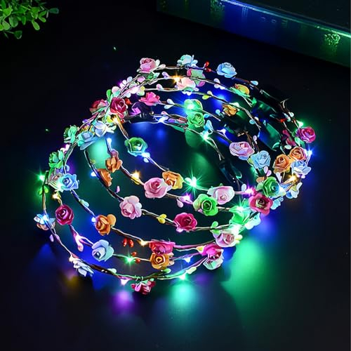 ENLACE LED Blumenkranz Stirnband,6 Stück LED Blumenkranz Haare,Bunt Blumenkranz Kopfschmuck Festival Zubehör für Frauen und Mädchen,LED Haarschmuck für Geburtstag Hochzeit JGA Party Deko
