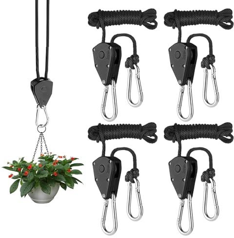 4 Stücke Verstellbare Seil Ratsche mit Haken, 1/8 Zoll Nylon Rope Ratchet Einstellbare Seil Ratsche für Pflanzenlampe, für Aufhängen von LED-Zuchtlampen, Aquarienlampen, Ventilatoren Zelten(Schwarz)