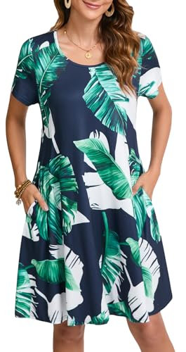 Enmain Dress for Women Short Sleeve Summer Tunic Dress with Pockets Knee Length Boho Ladies Casual, Green Leaf-Navy Blue, 3XL