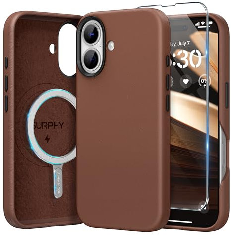 SURPHY Leather Case for iPhone 16 Case, Premium Faux Leather Compatible with Mag-Safe [Metallic Buttons & Microfiber Lining] Cover for iPhone 16 6.1 inch, Brown