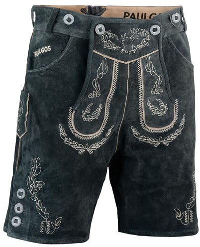 PAULGOS Herren Trachten Lederhose HK1 + Träger, Echtes Leder, Größe 44, grau