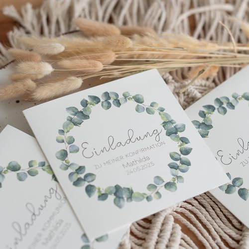 Personalisierte Einladungen zur Konfirmation, Einladungen zur Kommunion und Einladungskarten zur Taufe. (Eukalyptus)