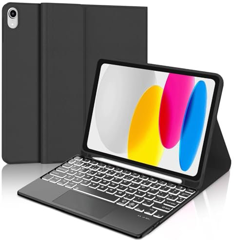 WINCHKING Teclado iPad 10 Generación 2022, Funda iPad A16 11 Pulgadas 2025, Teclado Bluetooth Magnético Desmontable con Retroiluminación, Teclado Español con Bandej para Bolígrafos (Touchpad Negro)