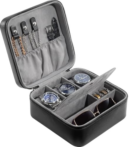 Procase Estuche de Viaje para Relojes, Caja de Joyería de Cuero para Hombre con 3 Compartimentos, Organizador Portátil para Relojes y Gemelos, Bolsa con Cremallera para Hombre - Negro